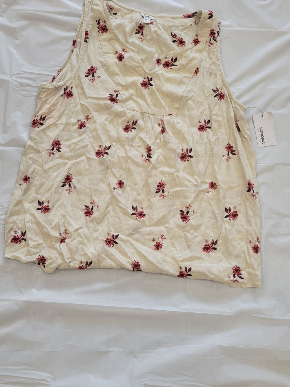 Sonoma Cream Tank Top with Pink and Burgundy Floral Print